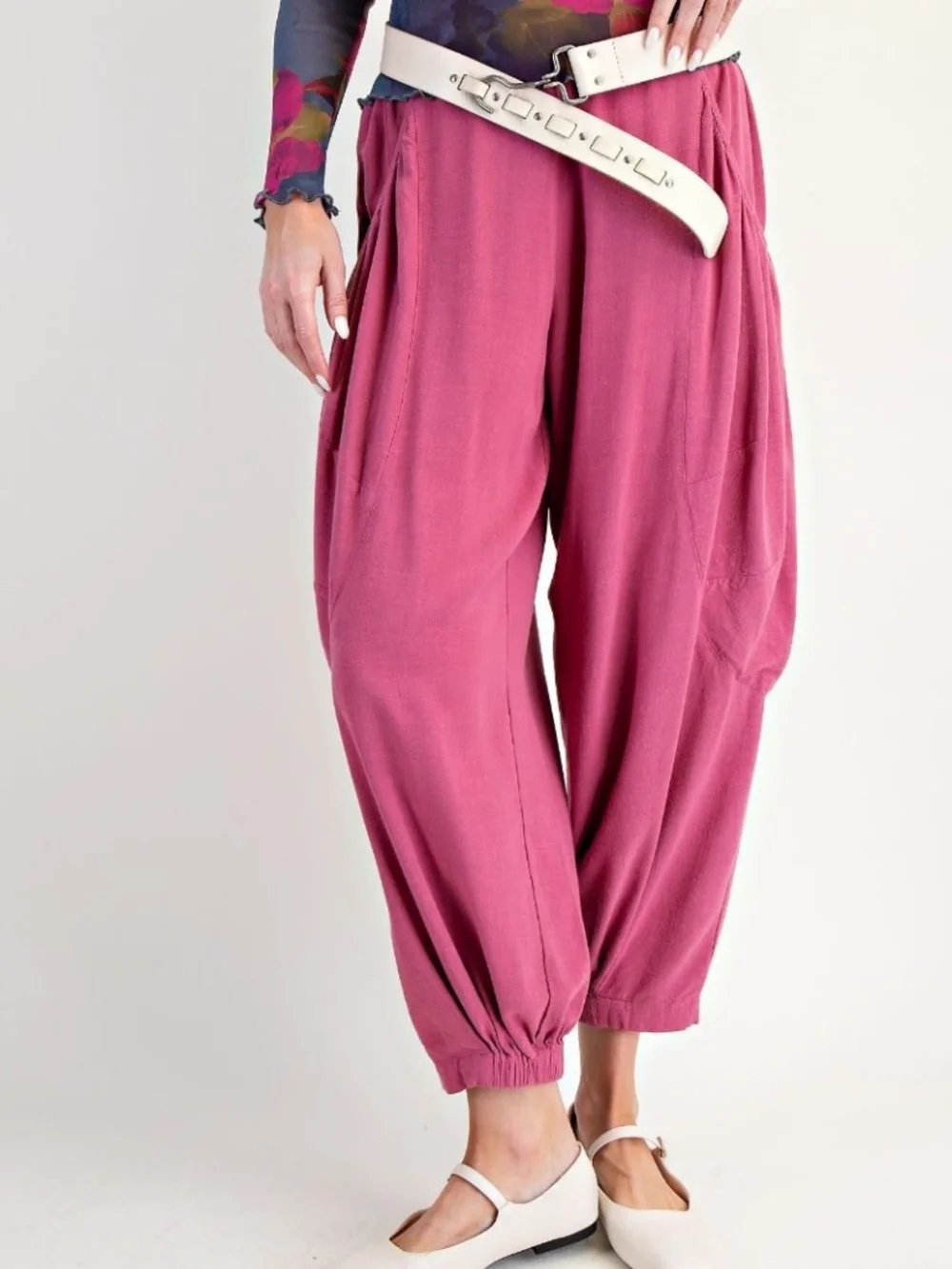Easel Pink Stretchy waist Harem Ruched Linen Pants - Picture 2 of 7